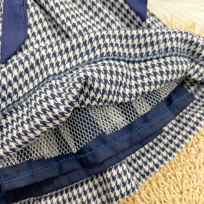 Vestido Pied de Poule com Pérolas - Azul Marinho